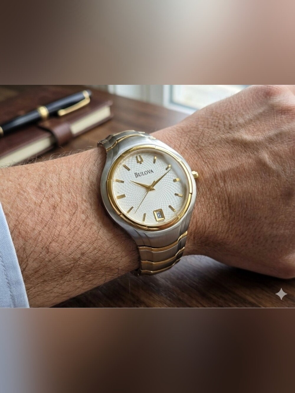 Vintage Bulova 98G99 Two-Tone Stainless Steel Quartz Watch Integrated Bracelet